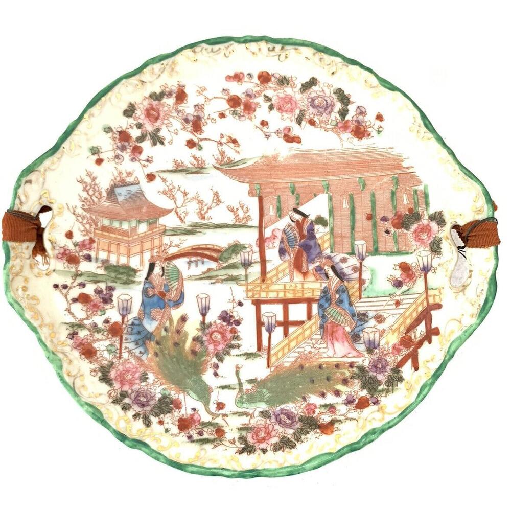 Antique Geisha Girl Porcelain Serving Cake Plate Green Rim Cherry Blossom